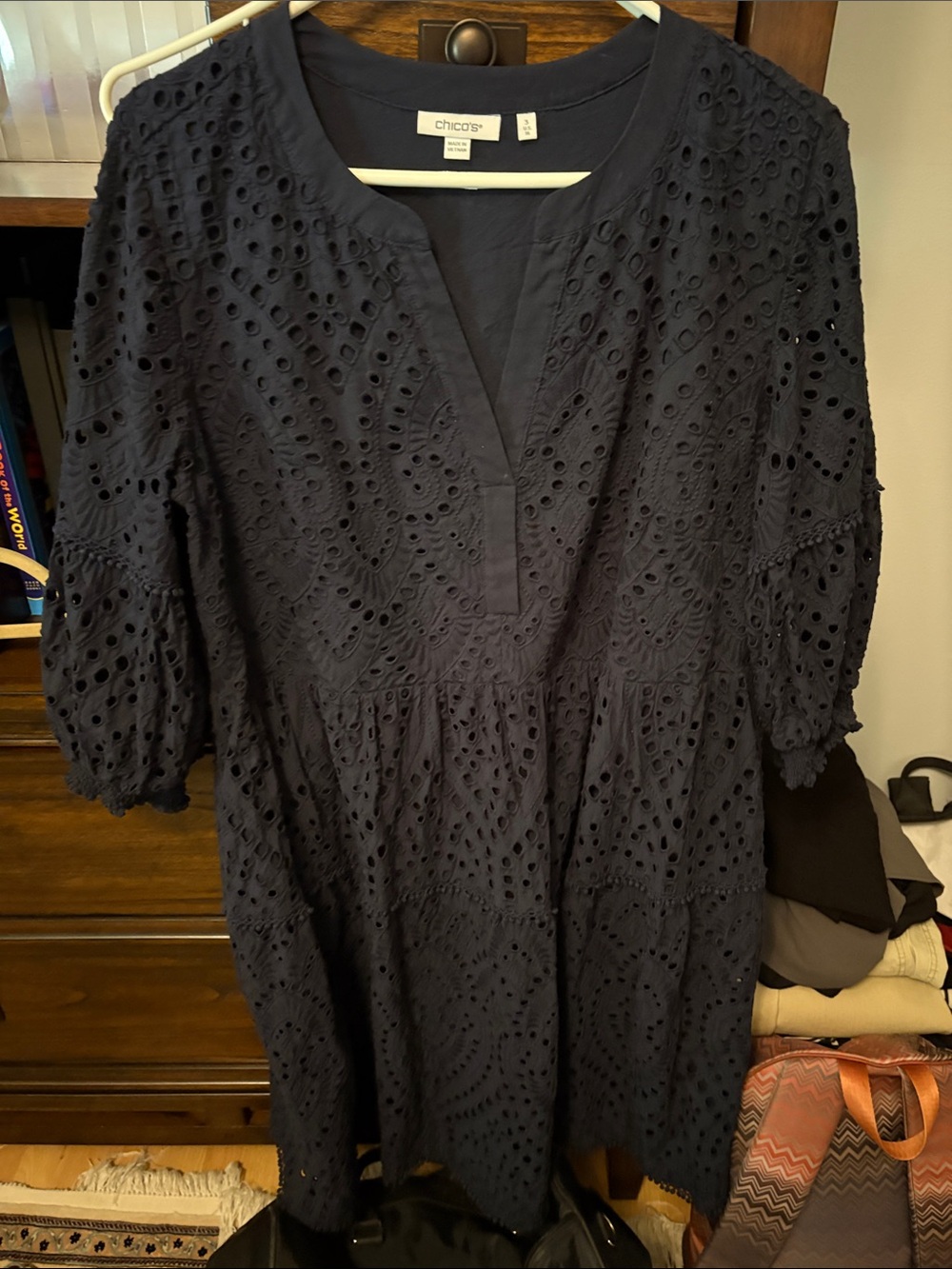 Chico's Navy Eyelet Tiered Midi Dressing
